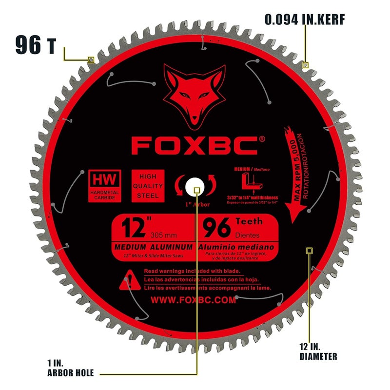 FOXBC 12 Inch Saw Blade 96-Tooth TCG for Aluminum Non-Ferrous Metal & Plastic Cutting with 1-Inch Arbor - Image 2